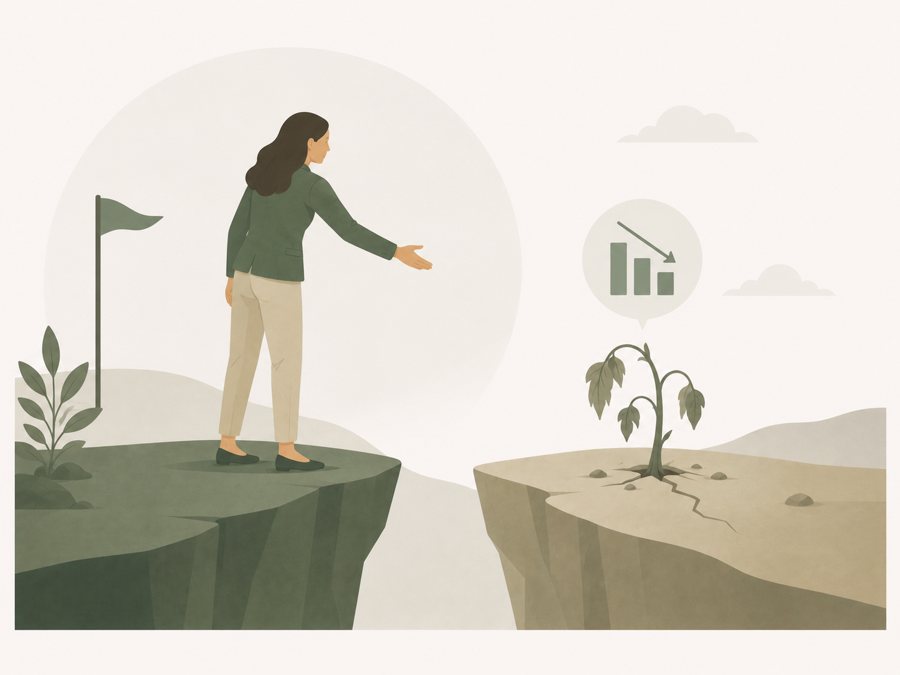 Illustration of a manager reaching across a gap towards a struggling plant