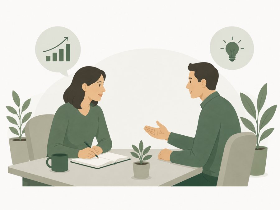 Illustration of two people in a coaching conversation at a table